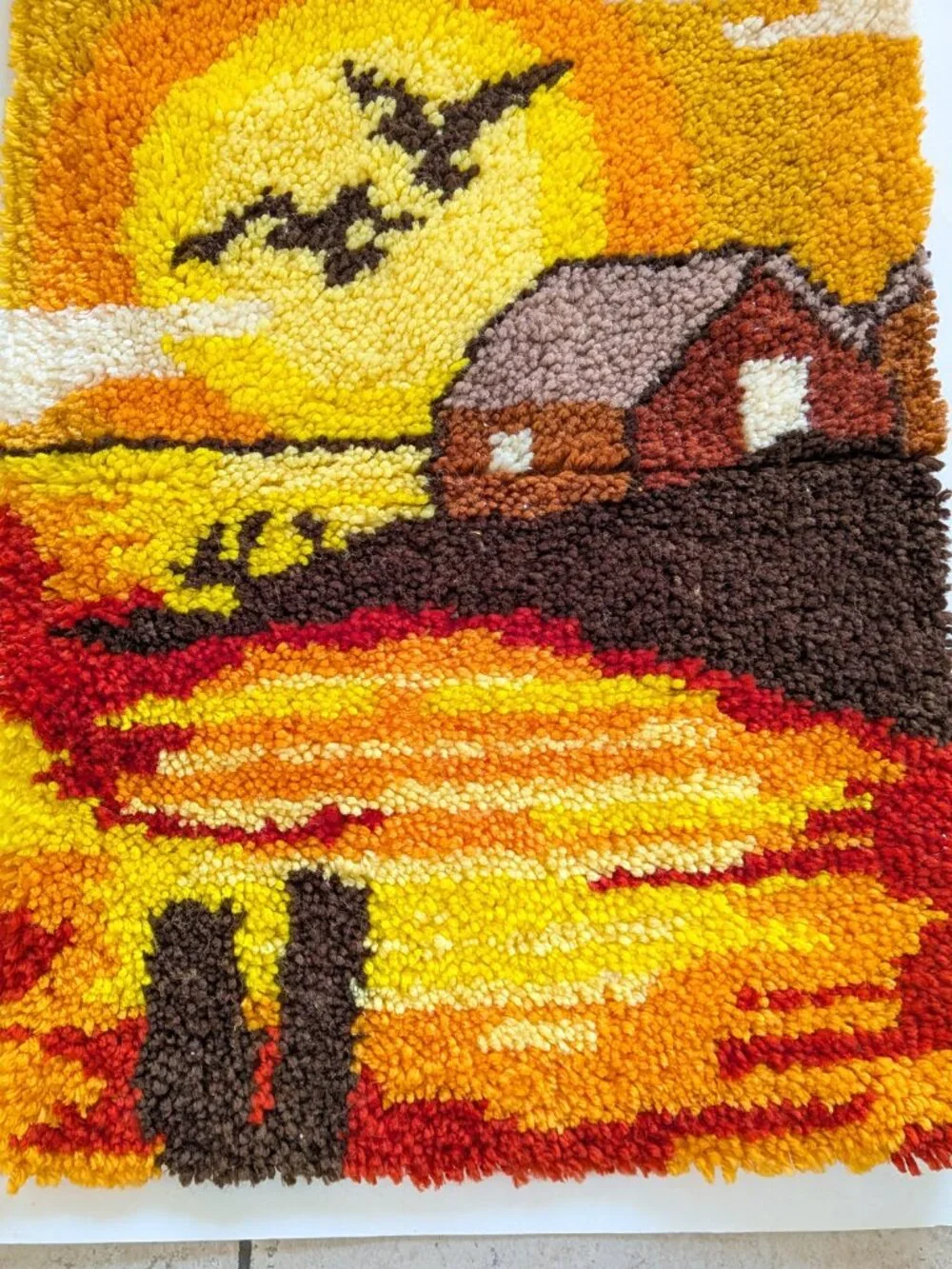 Vintage Latch Hook Rug Sunset Cabin Birds Water Wall Hanging Finished Art
